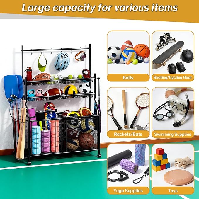 Large Sports Organizer for Garage, Ball Storage Rack Garage Sports Equipment Organizer with Side Racks, Baskets, Hooks, Multi-Purpose Golf Gear Storage for Gym Indoor Outdoor