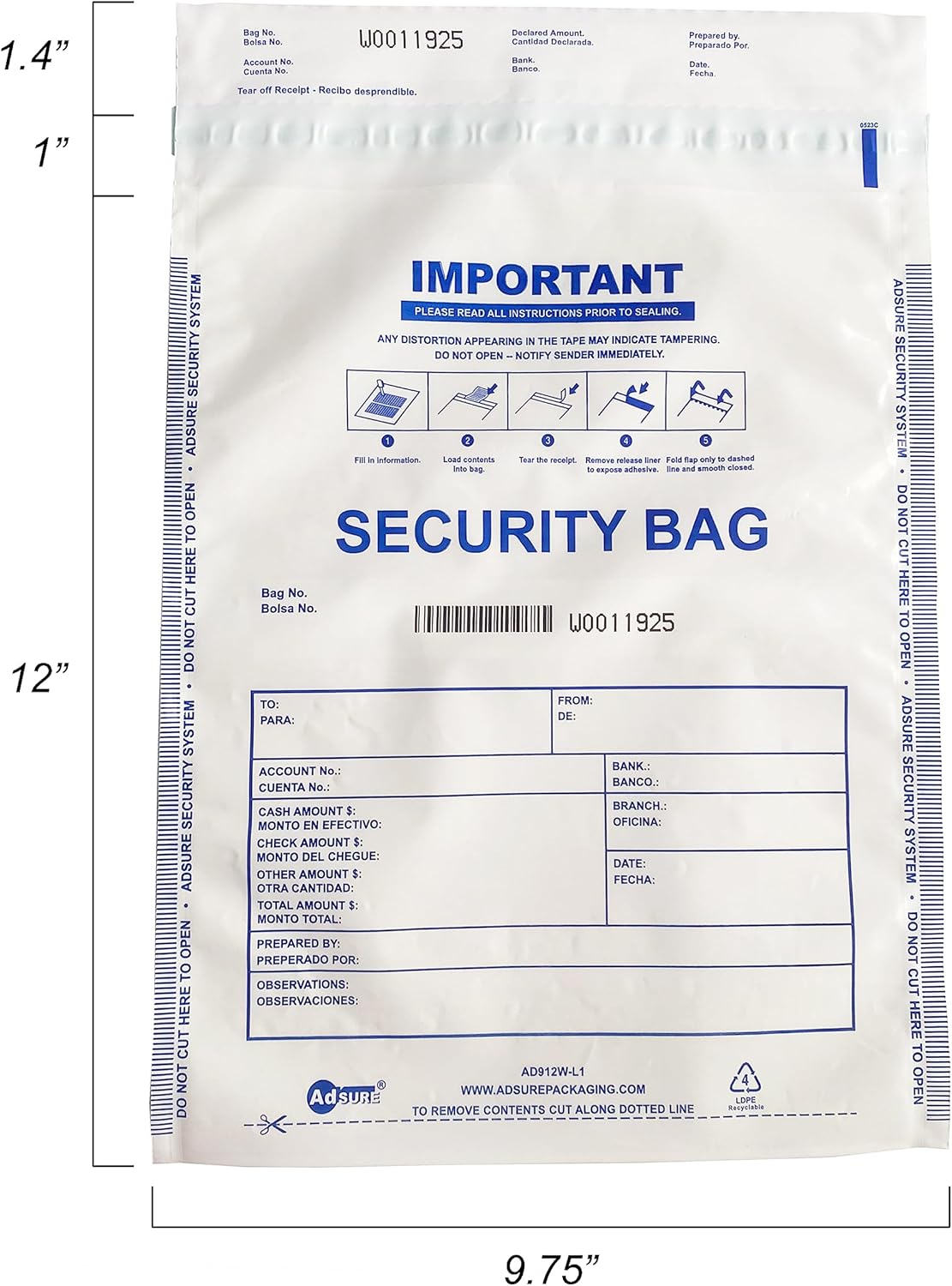 Plastic Bank Deposit Bags 9"x12"|Secure Bank Deposits,Cash Handling or Safe Currency Transportation | Sequential Barcodes | Tamper-Evident | Tear-Off Receipt for Security (White, 100 Pack)