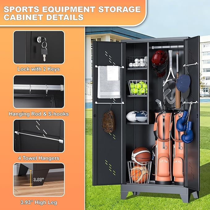 Golf Bag Storage Cabinet Fits 2 Bags, Metal Golf Bag Organizer with Lockable Doors, 75" Sports Equipment Organizer for Garage, Home, Office, Gym