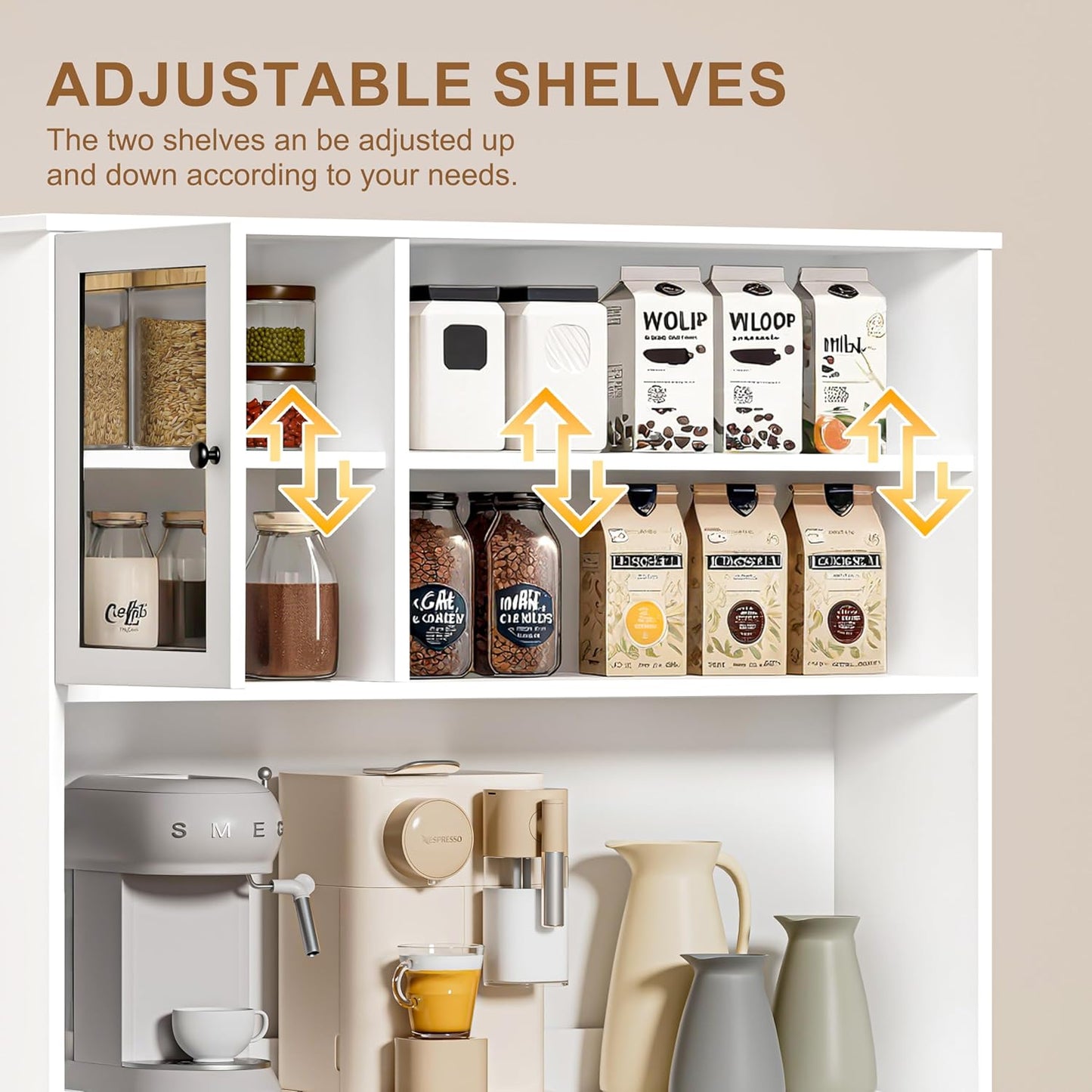 OLD CAPTAIN Tilt Out Trash Cabinet with Deodorising Function, Kitchen Hutch with Microwave Shelf and Drawer, Kitchen Pantry with Trash Cabinet for 10 Gallons, White