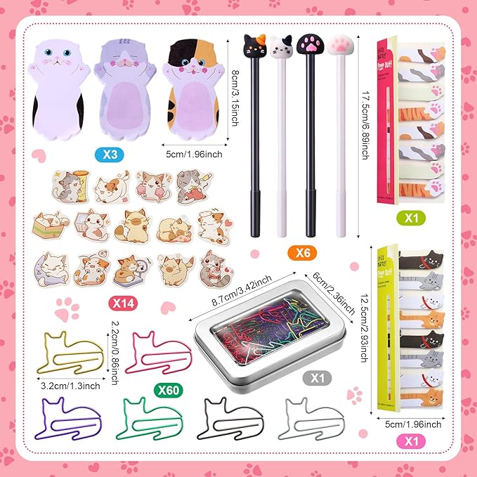 Outus Cat Office Supplies Cute Sticky Notes Paper Clips Gel Ink Pens Cartoon Stickers Party Favor for Cat Lovers Stationery School Office Supplies Desk Accessories(Funny Style)