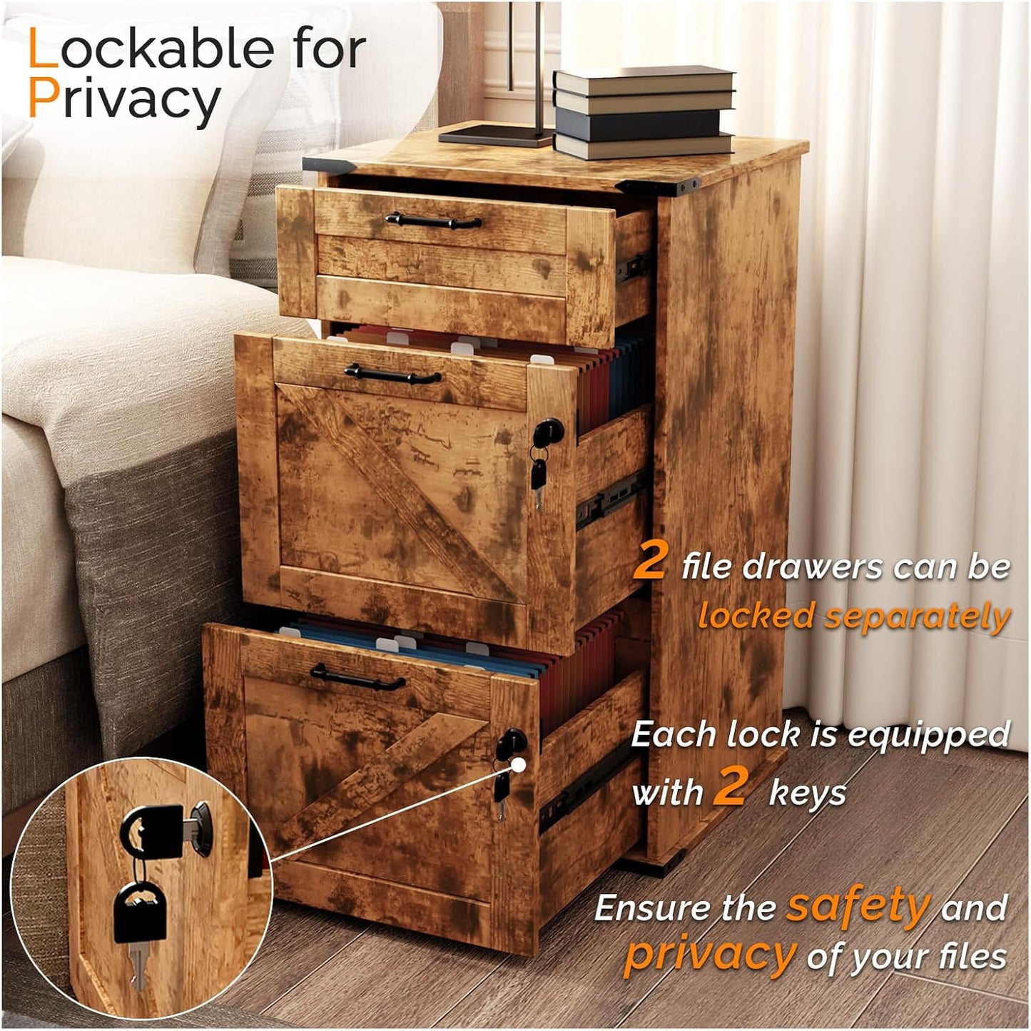 VINGLI 3 Drawer File Cabinet with Lock, Home Office Filing Organizer, for Letter Size File Folder Storage, Modern Farmhouse Style, Wood Vertical Filing Cabinet, Archivador (Rustic Brown)