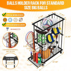 Garage Ball Storage With Baseball & Badminton Holder: Floor Sports Equipment Organizer, Sports Ball Rack With Elastic Rope, Ball Holder for Basketball, Soccer, Volleyball, Football, Garage, Gym, Black
