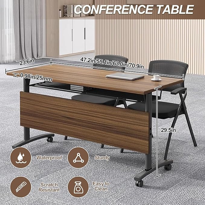 Folding Conference Room Table, Modern Conference Tables with Wheels, Large Rectangular Mobile Training Tables for Office Classroom, Foldable Modular Boardroom Seminar Table Walnut (4pack L70.9in)