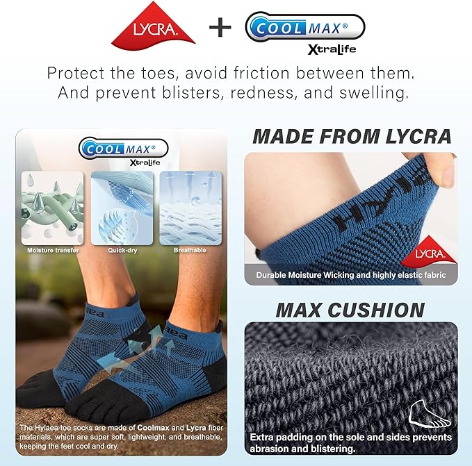 Hylaea No Show Running Athletic Anti-Blister Wicking Coolmax Socks, Seamless Anti-odor