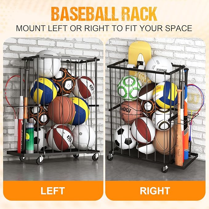 Garage Ball Storage With Baseball & Badminton Holder: Floor Sports Equipment Organizer, Sports Ball Rack With Elastic Rope, Ball Holder for Basketball, Soccer, Volleyball, Football, Garage, Gym, Black