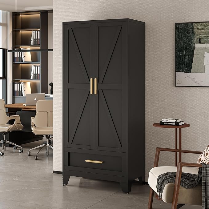 71" Tall Metal Wardrobe Cabinet with Drawer and Hanging Rod, 2 Doors Armoire Wardrobe Closet with Shelf for Bedroom, Office, Laundry Room, Black