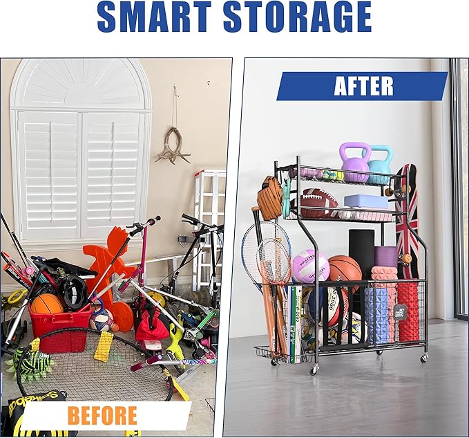 Mythinglogic Garage Sports Equipment Organizer, Baseball Storage Large Capacity, Sports Organizer for Garage with Hooks and Baskets, Ball Storage Rack for Football, Soccer Ball, Bat, Toys