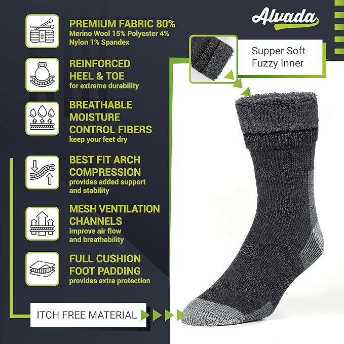 Alvada Warm Thermal Wool Socks for Winter Moisture Wicking and Breathable Cozy Boot Socks