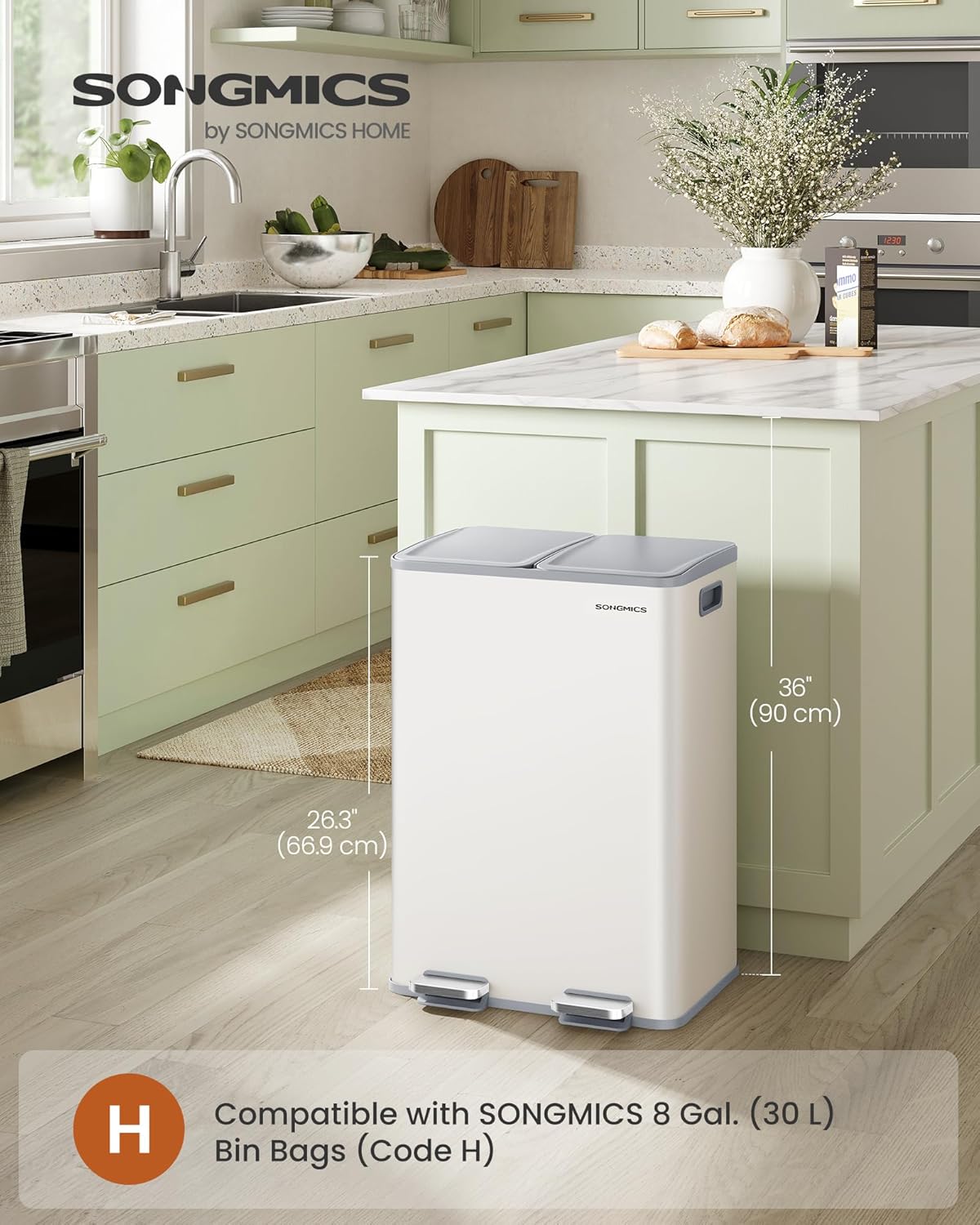 SONGMICS Trash Can, 2 x 8 Gallon (2 x 30 L) Dual-Compartment Garbage Can with Soft-Close Lid, Pedal and Inner Buckets, Stainless Steel, Includes 15 Liner Bags, Matte White ULTB741W01