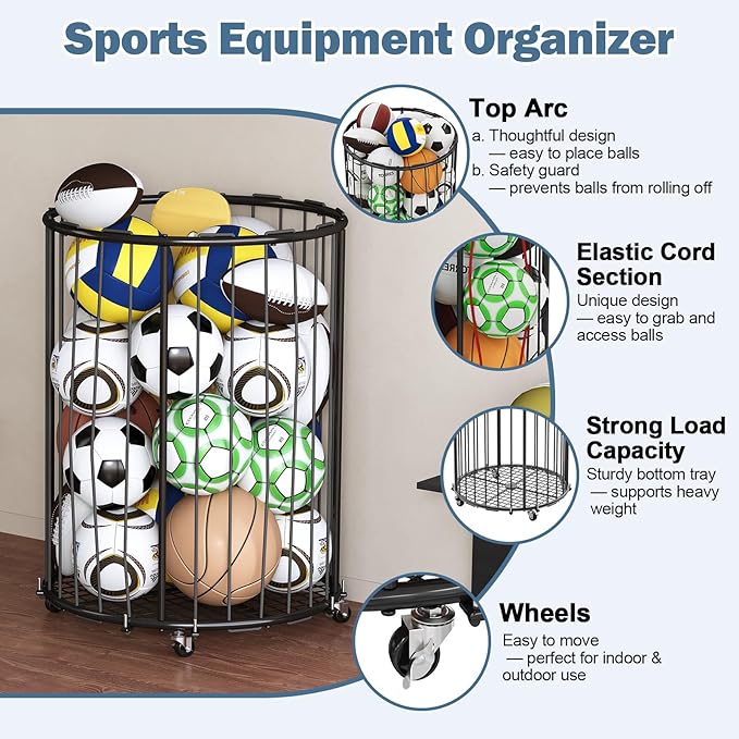 Garage Ball Storage: Round Sports Equipment Organizer with Wheels, Sports Ball Rack With Elastic Rope, Ball Holder for Basketball, Soccer, Volleyball, Football, Garage, Gym, Outdoor (Black)