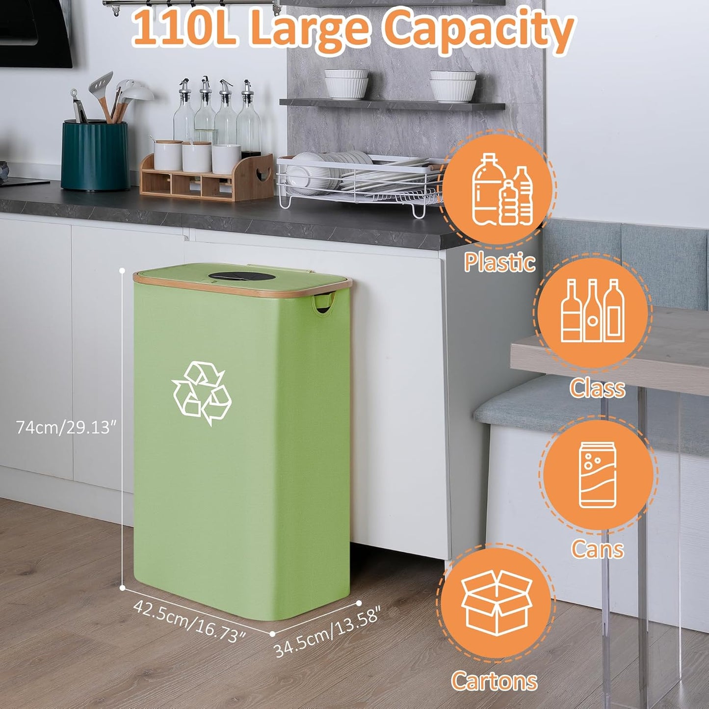 29 Gallons Recycling Bins for Kitchen, Indoor Recycle Bins with Lid, 110L Large Recycle bin with 2 Removeable Reusable Inner Bags, for Bottles Cans Glass Plastice Cartons(Green)
