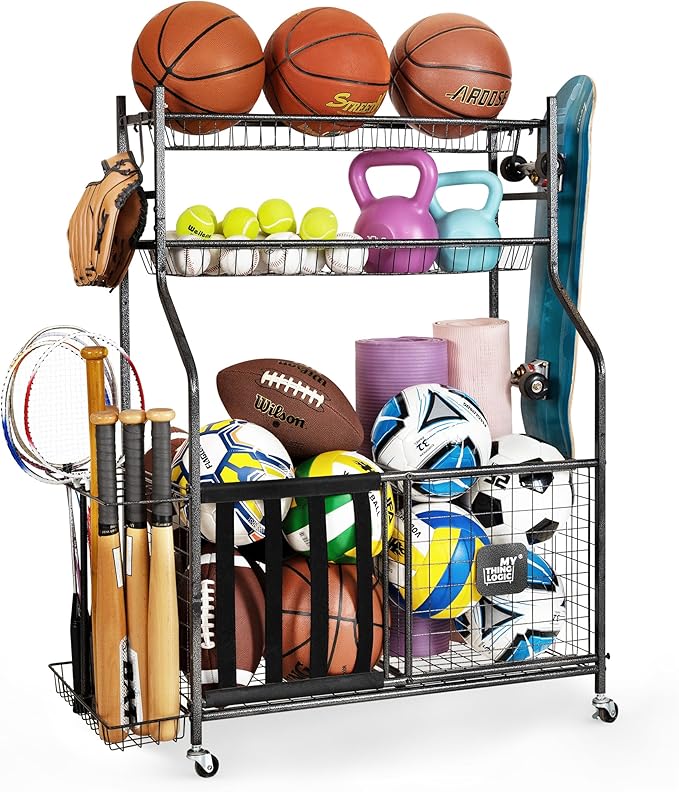 Mythinglogic Garage Sports Equipment Organizer, Baseball Storage Large Capacity, Sports Organizer for Garage with Hooks and Baskets, Ball Storage Rack for Football, Soccer Ball, Bat, Toys
