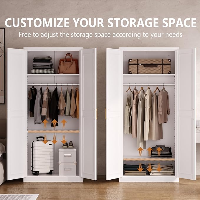 Metal Armoire Wardrobe Closet with Doors and Shelves, 71" Tall Freestanding Wardrobe Cabinet for Hanging Clothes, Large Closet with Hanging Rod for Bedroom, White, Assemble Required