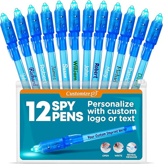 Personalized Invisible Disappearing Ink Pen Marker, Custom Secret Spy Message Writer with UV Light, Fun Activity Entertainment for Kid Party Favors Ideas Gifts and Stock Stuffers, 12 Pack, Blue