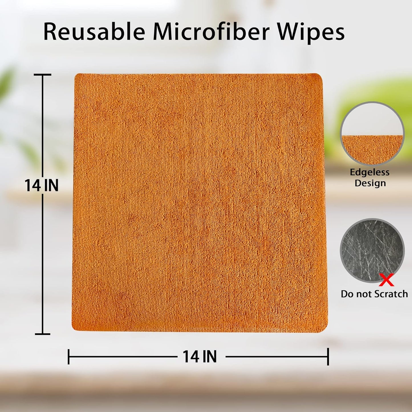 Reusable Microfiber Wipes, 50 Packs, Size 14 inches x 14 inches (Orange)