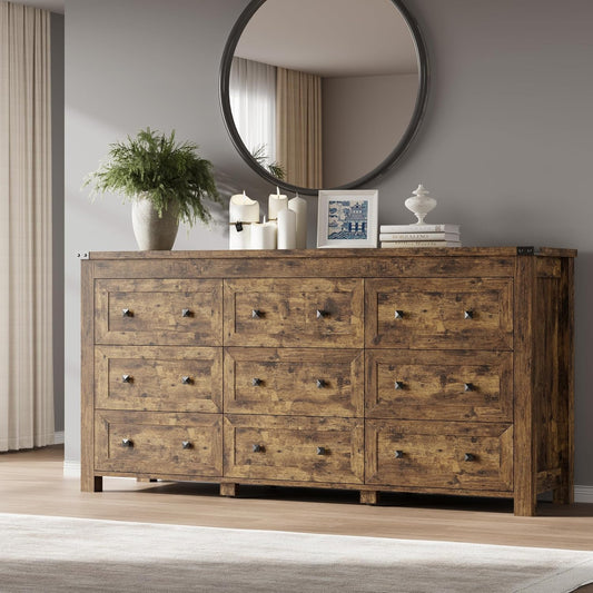 9-Drawer Dresser, Modern Wooden Storage Chest of Drawers, Dresser TV Stand, Wood Drawer Organizer with Metal Handles for Bedroom, Living Room, Hallway