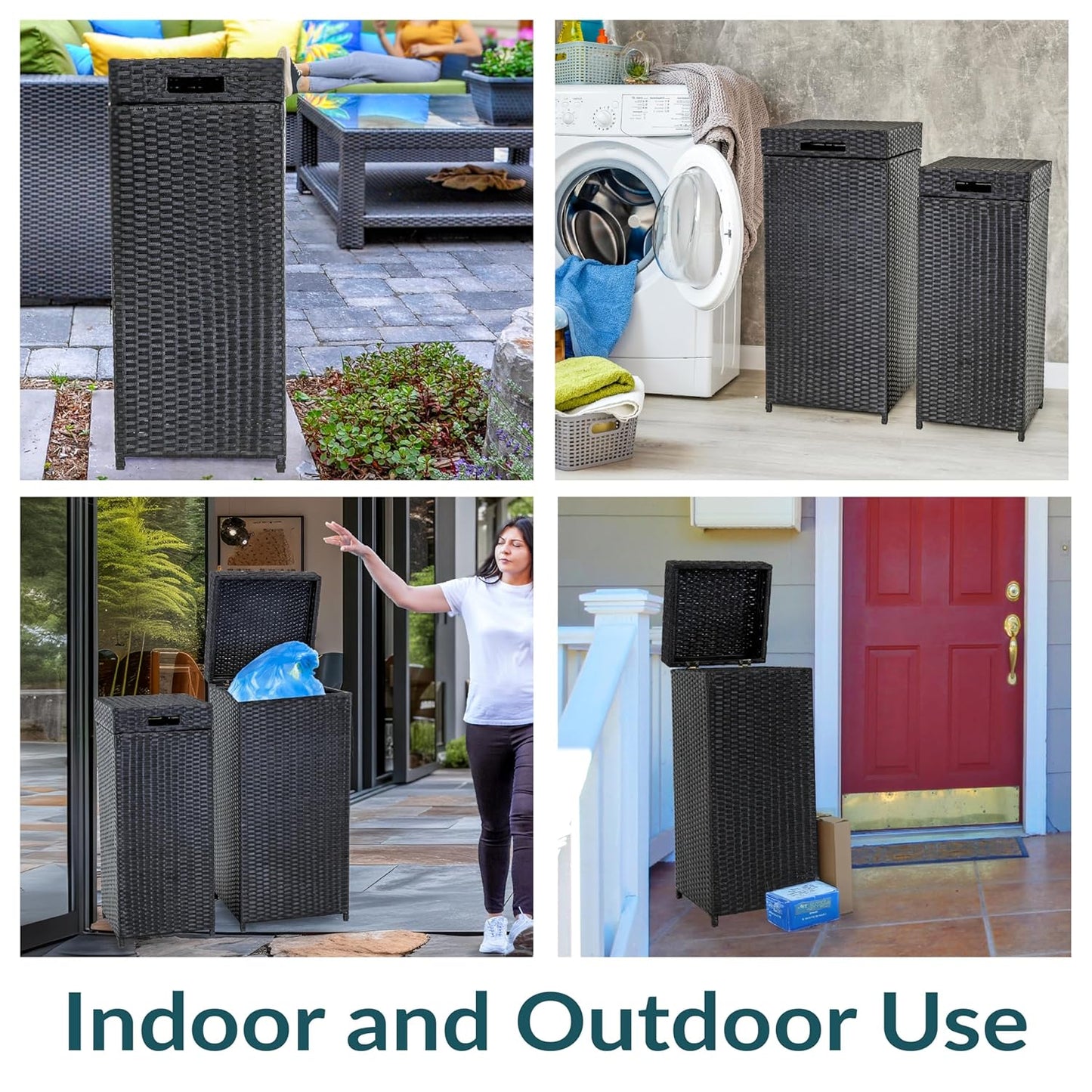 Sunnydaze Outdoor Trash Cans with Lids - Set of 2 Indoor and Outdoor Garbage Cans – 26 Gal and 15 Gal - Black