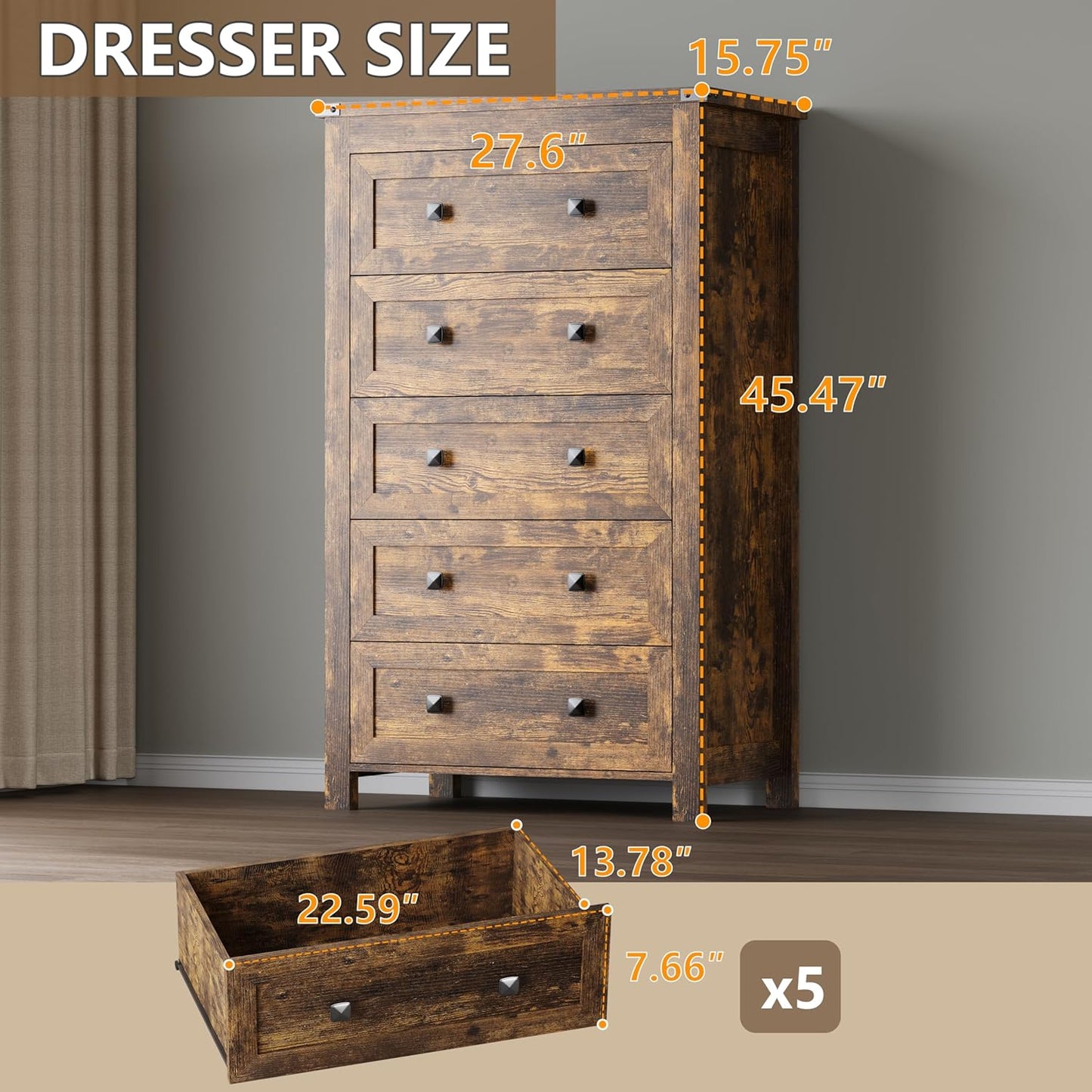 Tall 5-Drawer Dresser, Modern Wooden Storage Chest of Drawers, Dresser TV Stand, Wood Drawer Organizer with Metal Handles for Bedroom, Living Room, Hallway