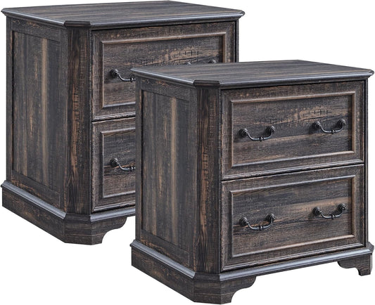 T4TREAM 2 Drawer File Cabinet Set of 2, 30" Wide Wooden Extended Desktop, Farmhouse Filing Cabinet with Smooth Rails, Holds Letter/Legal/A4, Hexagonal Design & Framed Drawer Fronts, Dark Rustic Oak
