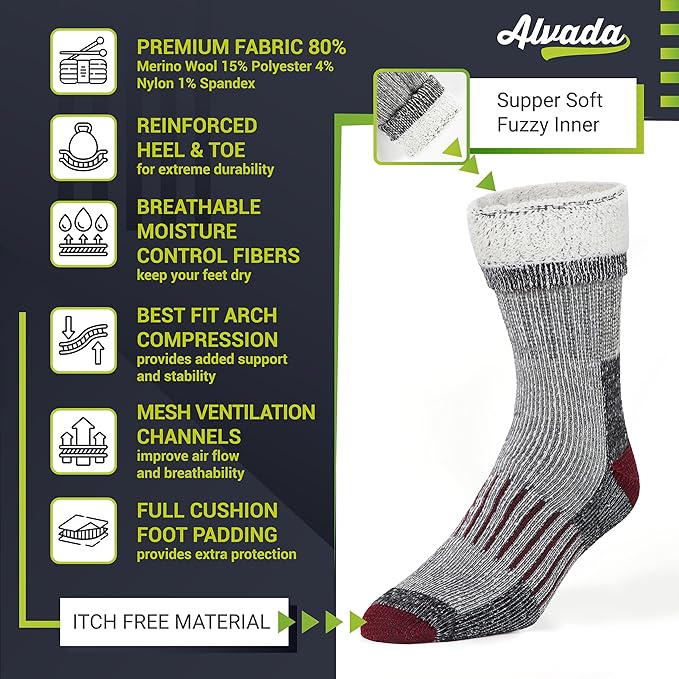 Alvada Warm Thermal Wool Socks for Winter Moisture Wicking and Breathable Cozy Boot Socks