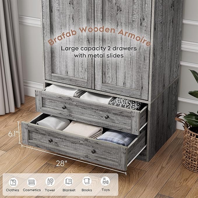 Brafab Armoire Wardrobe Closet with 2 Modern Doors, 71" Tall Freestanding Closet Wardrobe Cabinet with Drawers and Hanging Rail, Light Wooden Storage Cabinet with Shelve for Bedroom (Grey, 2 Doors)