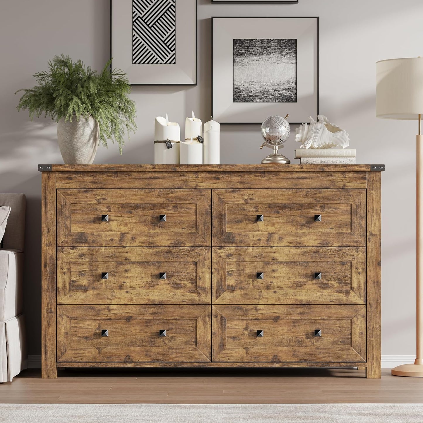 6-Drawer Dresser, Modern Wooden Storage Chest of Drawers, Dresser TV Stand, Wood Drawer Organizer with Metal Handles for Bedroom, Living Room, Hallway