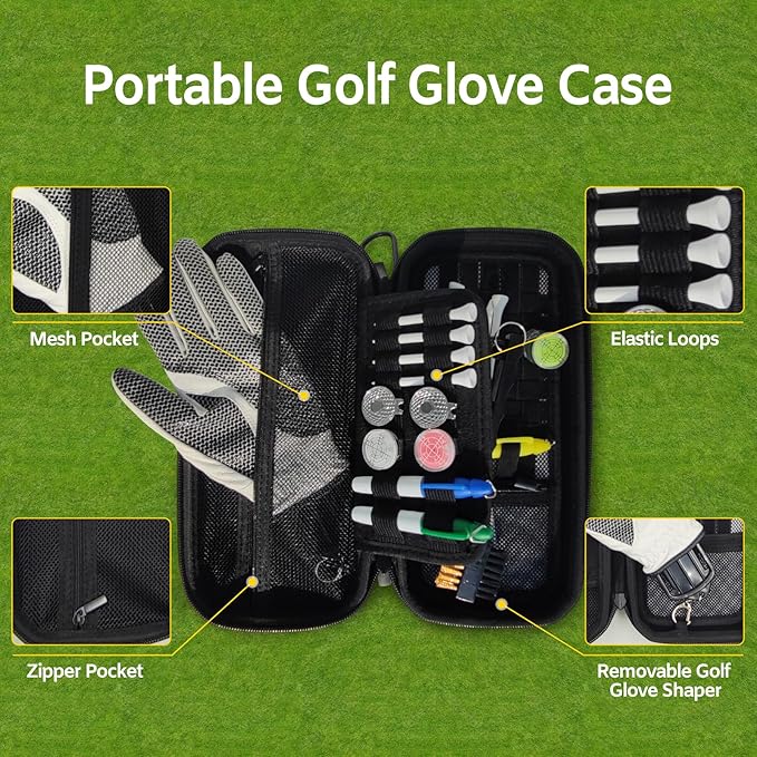 Golf Glove Holder with Removable Golf Glove Shaper, Golf Accessories Organizer Bag for Phone, Tees, Divot Tools & Ball Markers for Men and Women