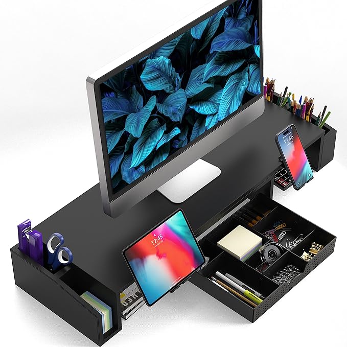 Simple Houseware Desk Dual Monitor Stand Riser with Drawer, Black