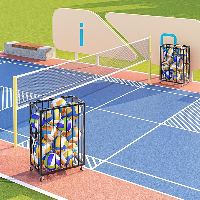 Ball Sports Organizer Storage Cart, Garage Metal Rolling Bin with Thicker Elastic Rope, Ball Holder Rack with Wheels for Volleyball, Basketball, Football, Toys, Gym, Outdoor & Indoor Equipment Storage