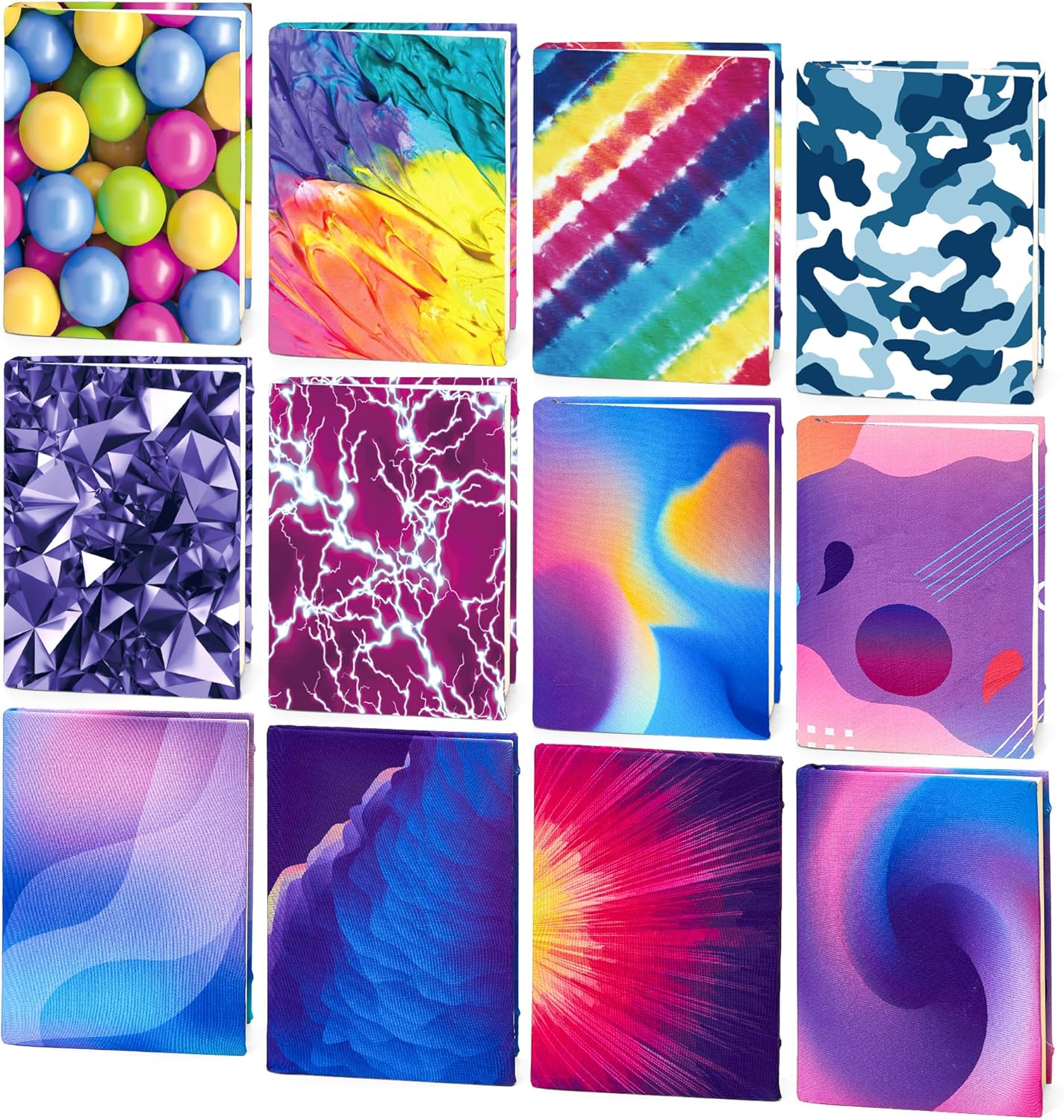 feela 12 Pack Jumbo Fabric Book Covers, Stretchable Washable Durable Reusable Nylon, for Hardcover Textbooks Notebooks up to 9'x11', 12 Patterns