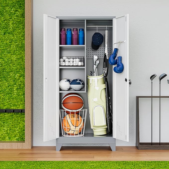 Golf Bag Storage Cabinet for Garage, Metal Golf Bag Organizer with Lockable Doors, 61" Sports Equipment Organizer for Garage, Home, Office, Gym