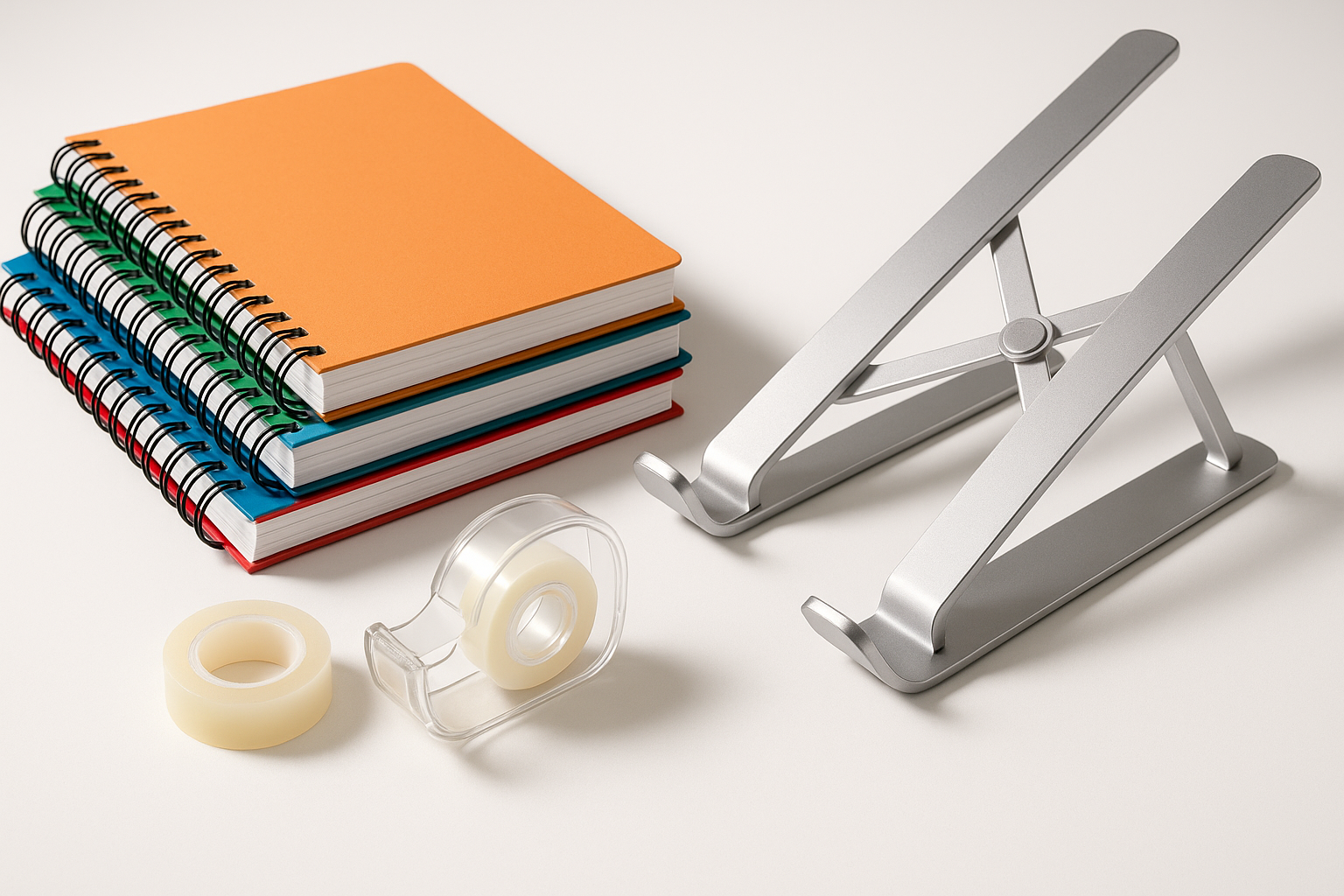office products like notebooks, tape and tape dispenser, laptop stand
